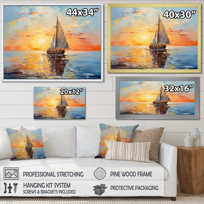 Coucher de soleil orange sur un bateau I - bateau à voile, art mural, Cadre de coin argenté fermé