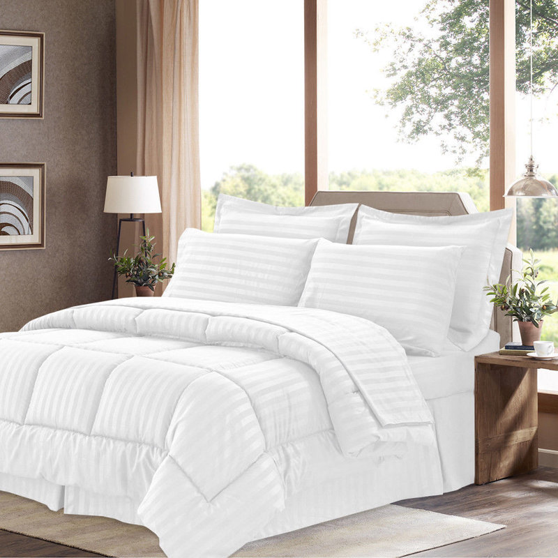 Hotel Ensemble Polyester Box Stitch Striped Comforter, Queen Comforter + 7 Additional Pieces, Gray