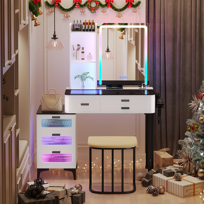 Palamara Makeup Vanity with LED Light, White/Black