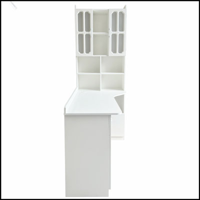 Bureau d'ordinateur de coin en L pour bureau à domicile ou bureau, style moderne avec tiroirs, bibliothèque et huche, conception 2 en 1, grand espace de travail