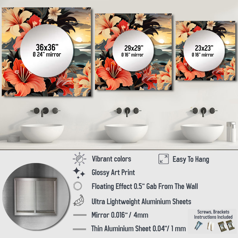 Motif botanique tropical de coucher de soleil - art mural miroir carré floral, 29 po x 29 po