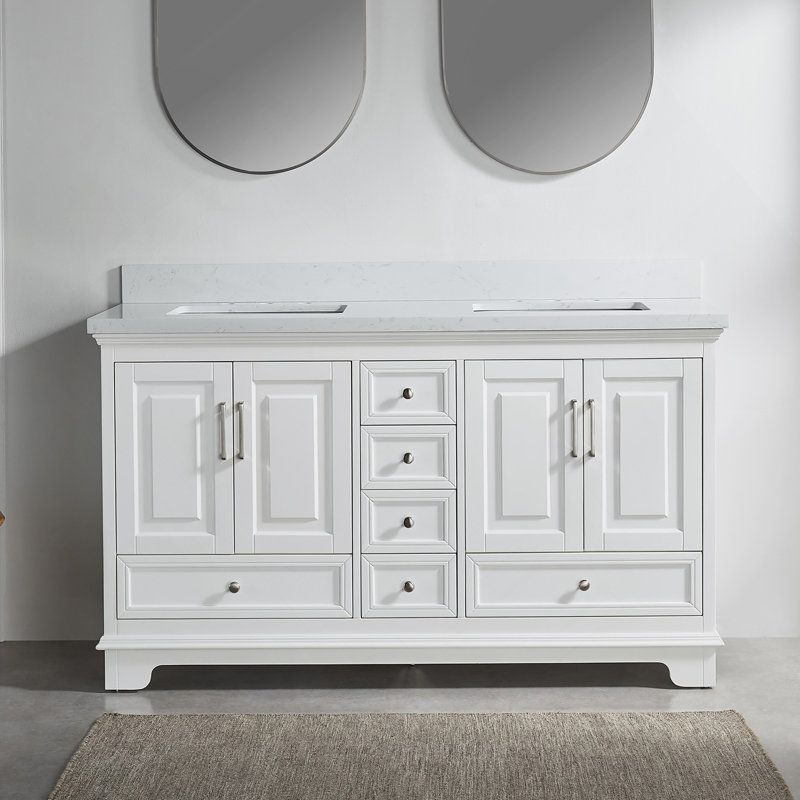 Meuble-lavabo double autoportant de 60 po avec pierre artificielle entièrement assemblé, Blanc