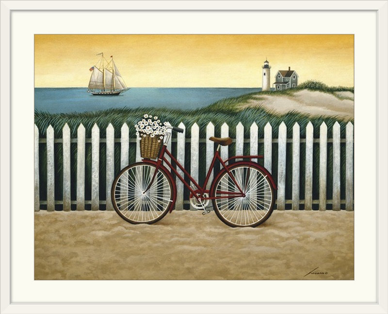 «Mattell Cycle to the Beach», reproduction d'art murale Lowell Herrero, Cadre blanc, H 20 po x l 24 po x P 1 po