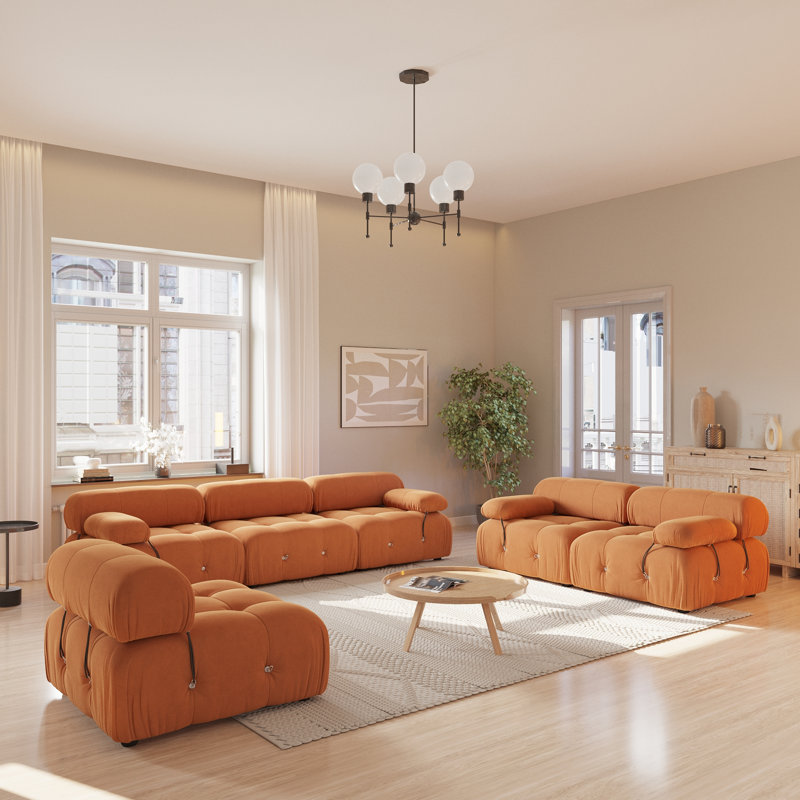 Ensemble de salon modulaire en velours 3 pièces, Orange