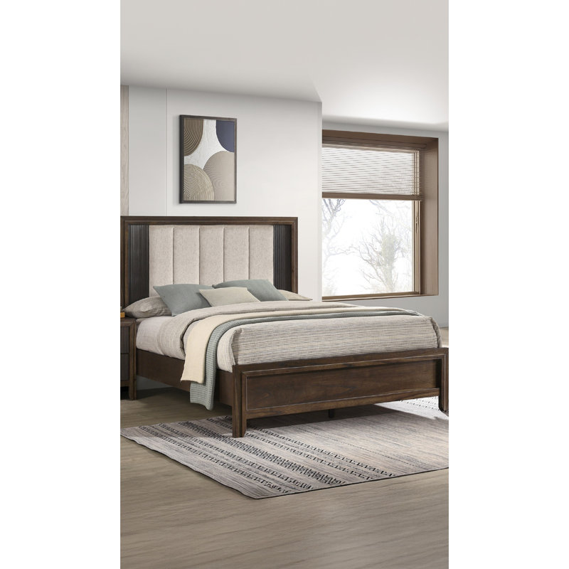 Grand lit, tête de lit tapissier, charme rustique, finition en bois riche, esthétique contemporaine, style brun, Grand lit