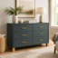 Commode double bleue 6 tiroirs avec poignées en métal et pieds en bois massif Mid-Century Modern