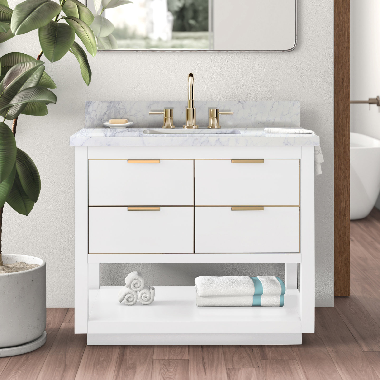 Allie Single Bathroom Vanity, Carrera White Marble/Gold, White, 36"W