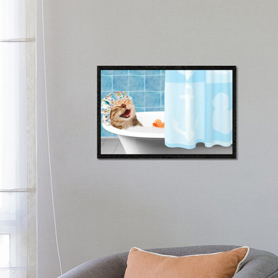Funny Cat Is Taking A Bath With Toy Duck - Print on Canvas