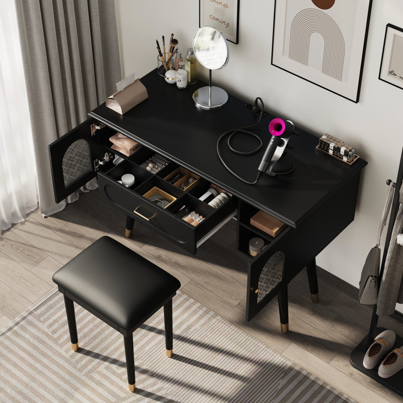 Black Vanity , Makeup Desk, Writing Surface, Storage, Convenient Ports Vanity, Pu Cushioned Stool, Smooth - Gliding Drawer, Glass Storage