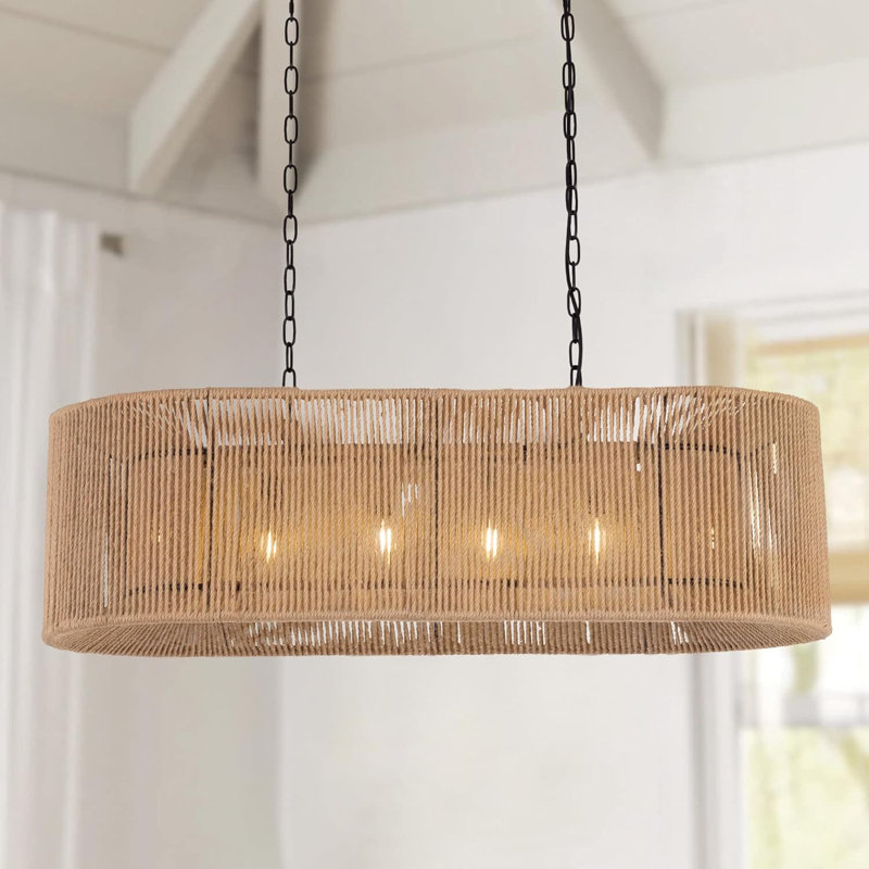 Boho Chandelier Light Fixture 42 Inch, Farmhouse Rattan Pendant Light For Dining Room, Rustic Rectangular Chandeliers