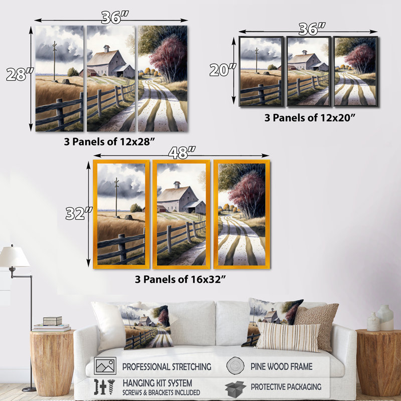 «Path To The Barn V», reproduction sur toile 3 pièces, H 28 po x l 36 po x P 1 po, Encadrement doré