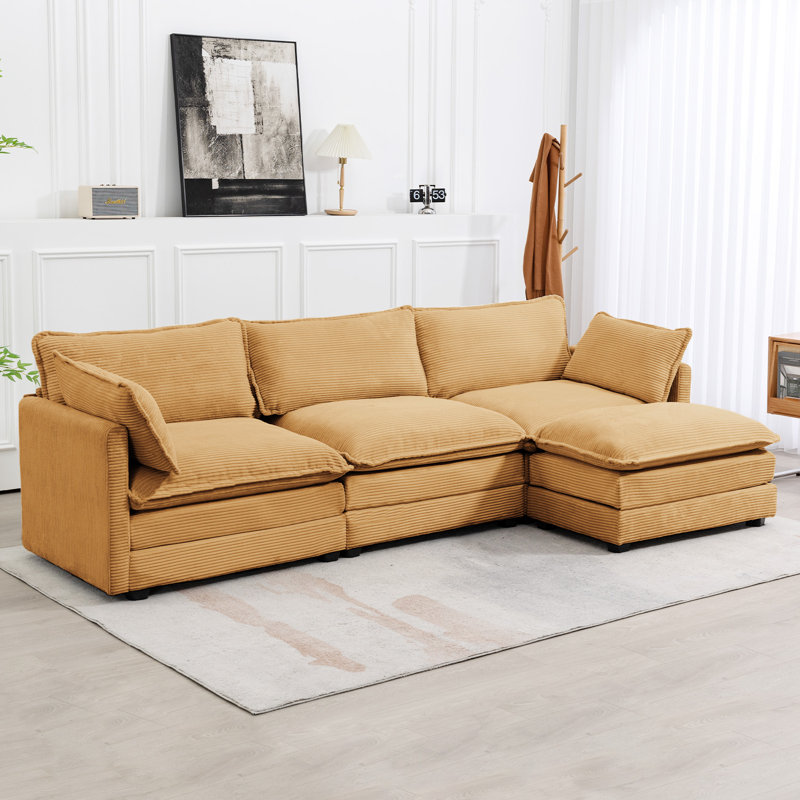 Redenius 4-Piece 112'' Upholstered L-Shape Sectional, Yellow Corduroy