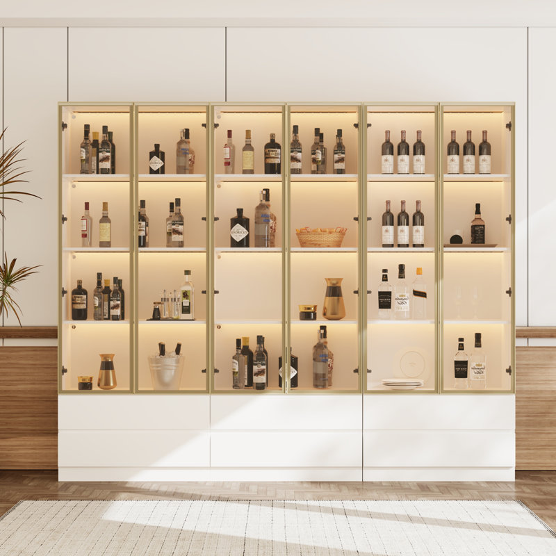 Modern Glass Door Wine Bar Cabinet - LED Lighting, 6 Drawers