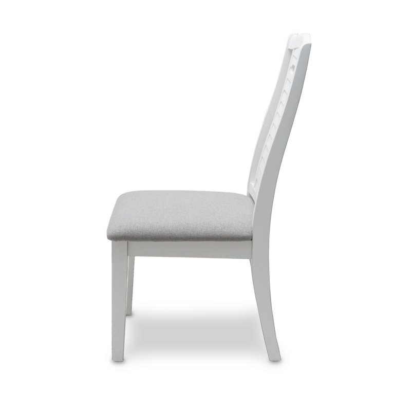 Chaise de salle à manger capitonnée Islamorada - Dossier à persiennes - Finition blanche - Revêtement gris moucheté