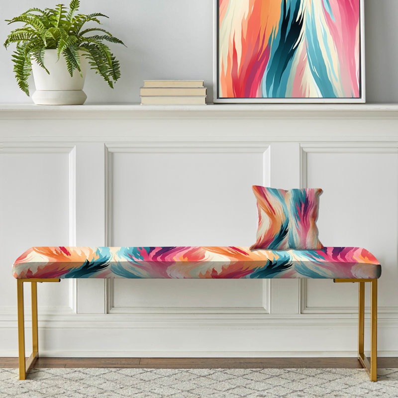  Upholstered Bench, Turquoise And Pink Ethereal Ikat Fusion