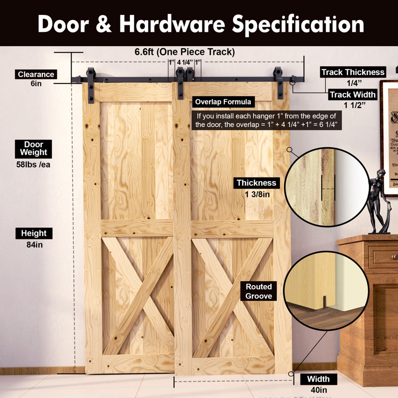 Two Solid Pine Wood Unfinished/Unassembled Barn Door with Black Single Track Bypass Hardware Kit, 80" x 84"
