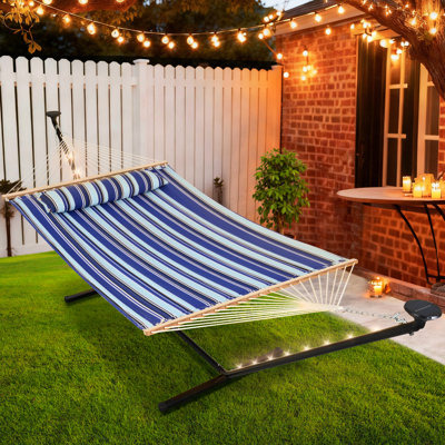 12 Ft. Portable Heavy-Duty Hammock With Stand & Detachable Pillow - Solar Powered LED Lights - 475 Lbs Capacity