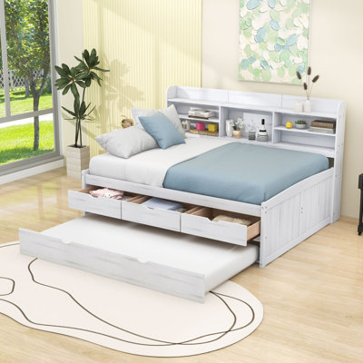 Full Size Wooden Daybed with Built-In Storage Drawers, Shelves and Twin Trundle