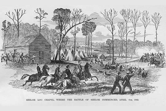 « log cabane chapel where the bataille of shiloh commença » par frank leslie, reproduction d’art