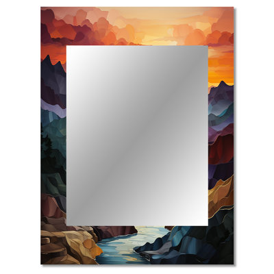 Orange Teal Mountains Bold Landscape - Mountains Decorative Mirror, Traditional Wall Mirror, Printed Metal Art