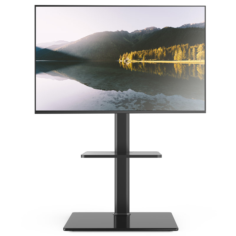  32-60 Inch Glass Base Floor Tv Stand, Height Adjustable, Swivel Mount, 1 Shelf, Black