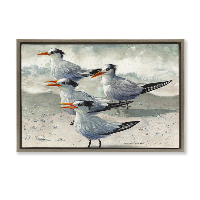 «Birds on Sandy Beach» par Christine Reichow, Cadre flottant gris lustré, H 17 po x l 25 po