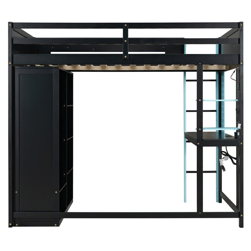 Lit mezzanine double en bois avec bureau, garde-robe ouverte et lumière RVB, Bleu
