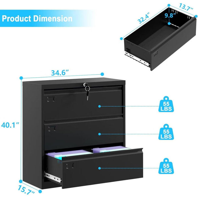 File Cabinet With Lock, 3 Drawers