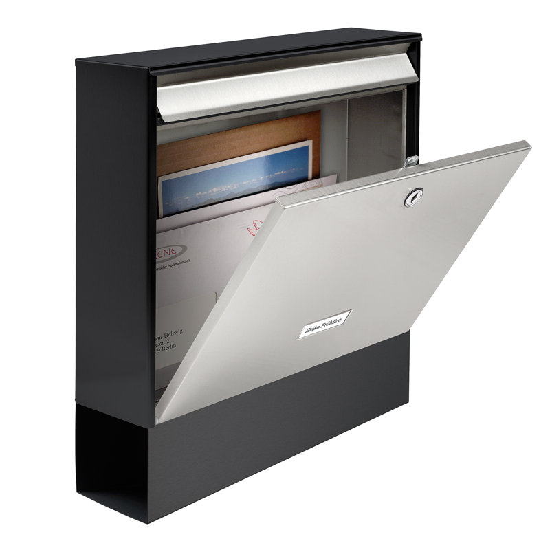 Oxford Black & Stainless Steel Wall Mounted Lockable Weatherproof Post Box & Intergrated Newspaper Holder