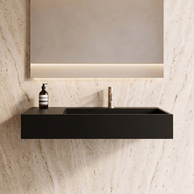 Lavabo de salle de bain mural rectangulaire 36 po avec drain dissimulé Juniper - noir, avec trou pour robinet