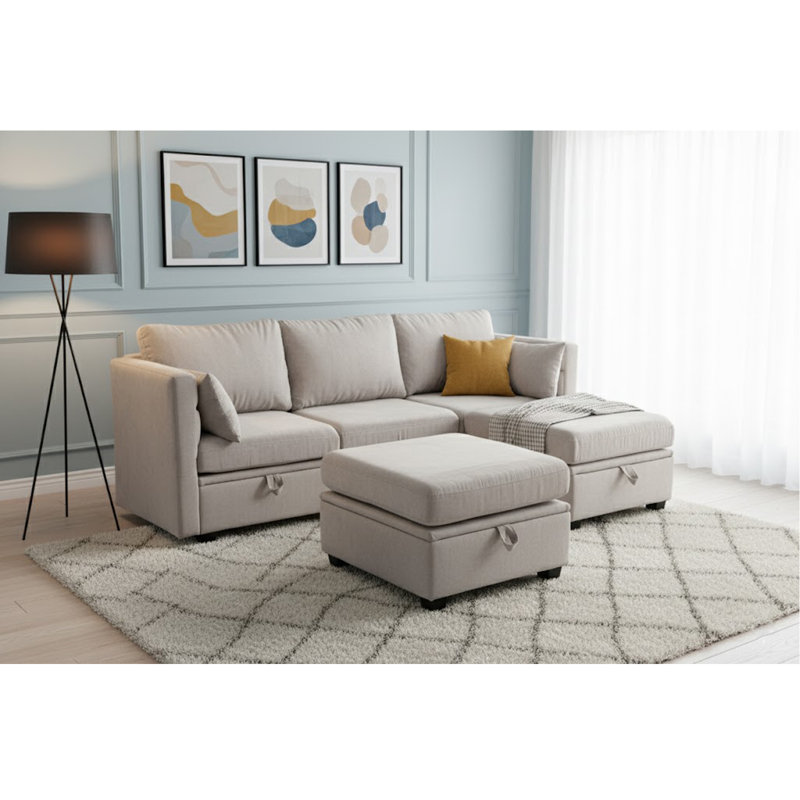 Calkins Modular Couch Sofa Storage Seats & Double Storage Ottomans, Light Gray Polyester