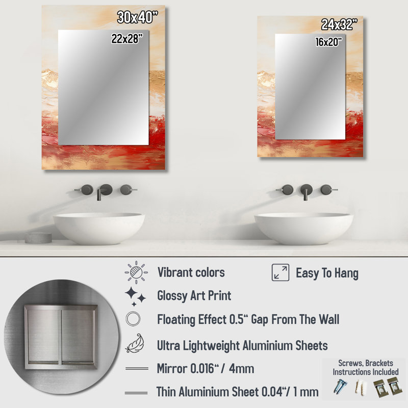 Gold And Red Soft Wave Fusion I - Abstract Shapes Decorative Mirror, Modern Wall Mirror, Printed Metal Art, 32" x 24"