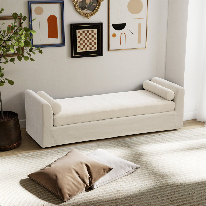 Modern Chenille Upholstered Slipcovered Bench With Two Pillows, Beige