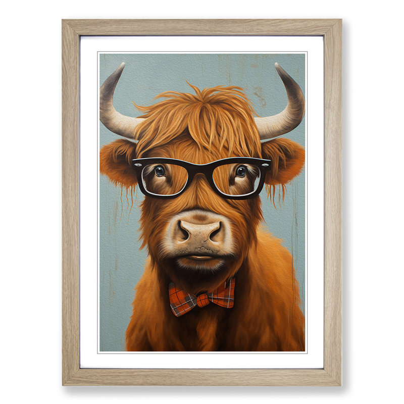 Highland Cow With Glasses Painting Framed Print, 46cm H x 34cm W x 2cm D, Oak Framed