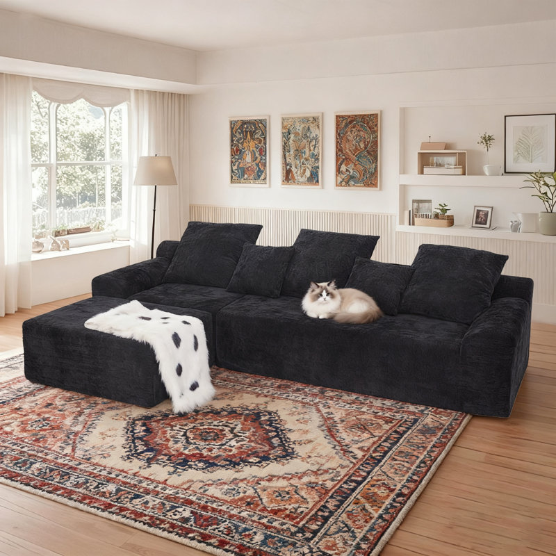 111" Modern L-Shaped Upholstered Sectional Sofa, Reversible Cloud Couch with Ottoman, Black