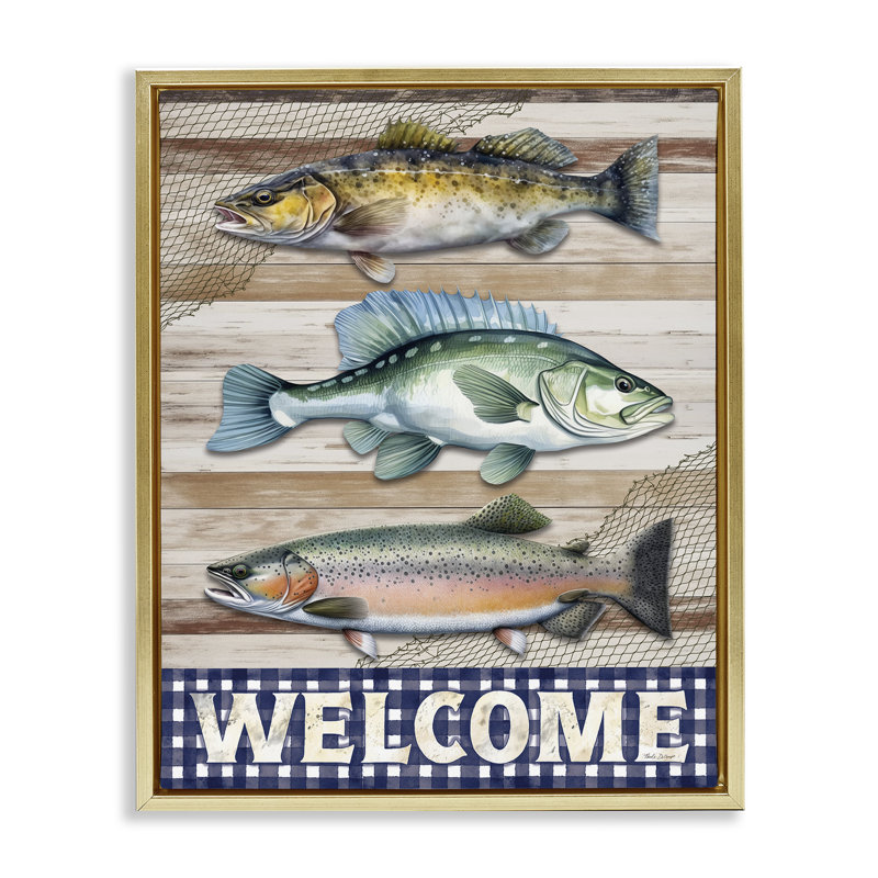 Welcome with Rustic Fish Floating Frame, design by Nicole DeCamp, 21" H x 17" W, Metallic Gold Floater Frame