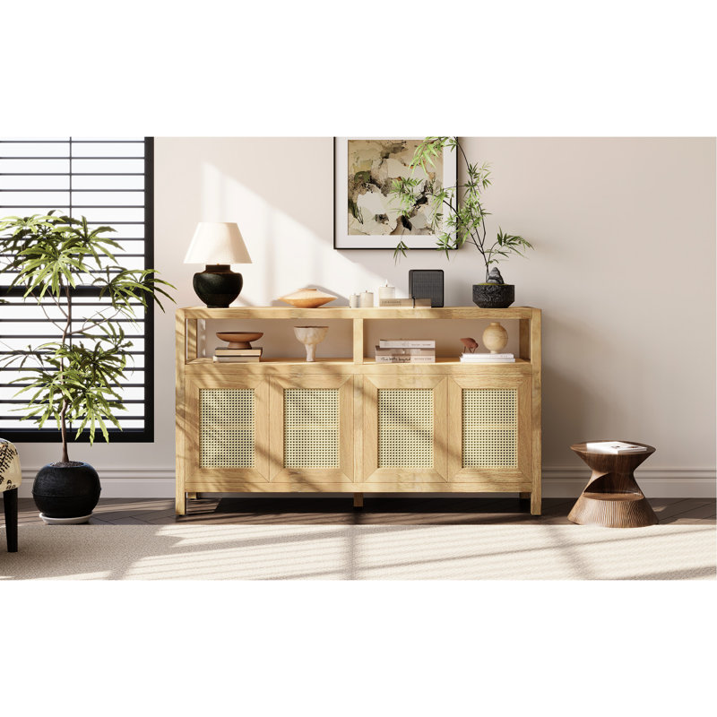 Buffet en placage de bois naturel, 3 réglages de hauteur de la tablette, aucune ouverture par pression, armoire de rangement moderne de style bohémien, placage de frêne, flexibilité, mécanisme, solution