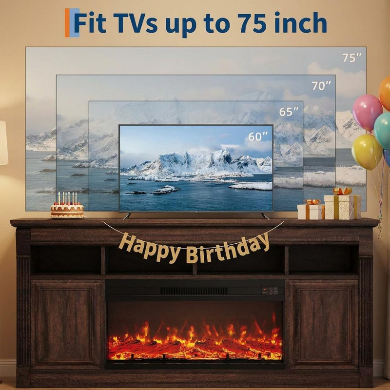 Meuble télé 67 po pour téléviseur de 75 po ou moins, centre de divertissement avec foyer électrique à cordon de 36 po, flamme 3D réaliste télécommandée, console avec tablettes de rangement