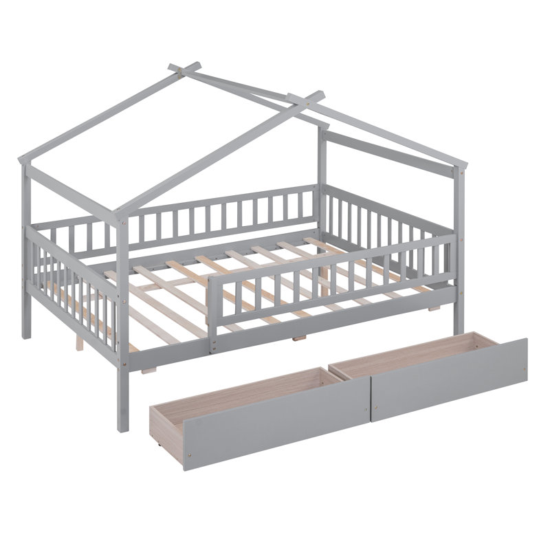 Lit avec 2 tiroirs et structure en bois Apona, Lit double, Gris