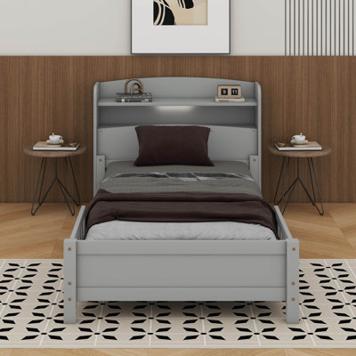 Pine Wood Bed With Bookcase Headboard ,Guardrails And LED Motion Sensor Light