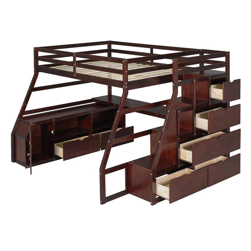 Modern Loft Bed With 7 Drawers 2 Shelves And Desk Multifunctional Furniture For Bedroom, Espresso, Full