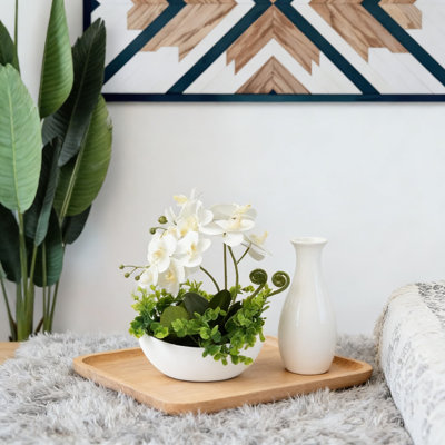 Arrangement de phalaenopsis artificiel avec vase en céramique, fausses fleurs réalistes pour centre de table de bureau à domicile et décoration de mariage