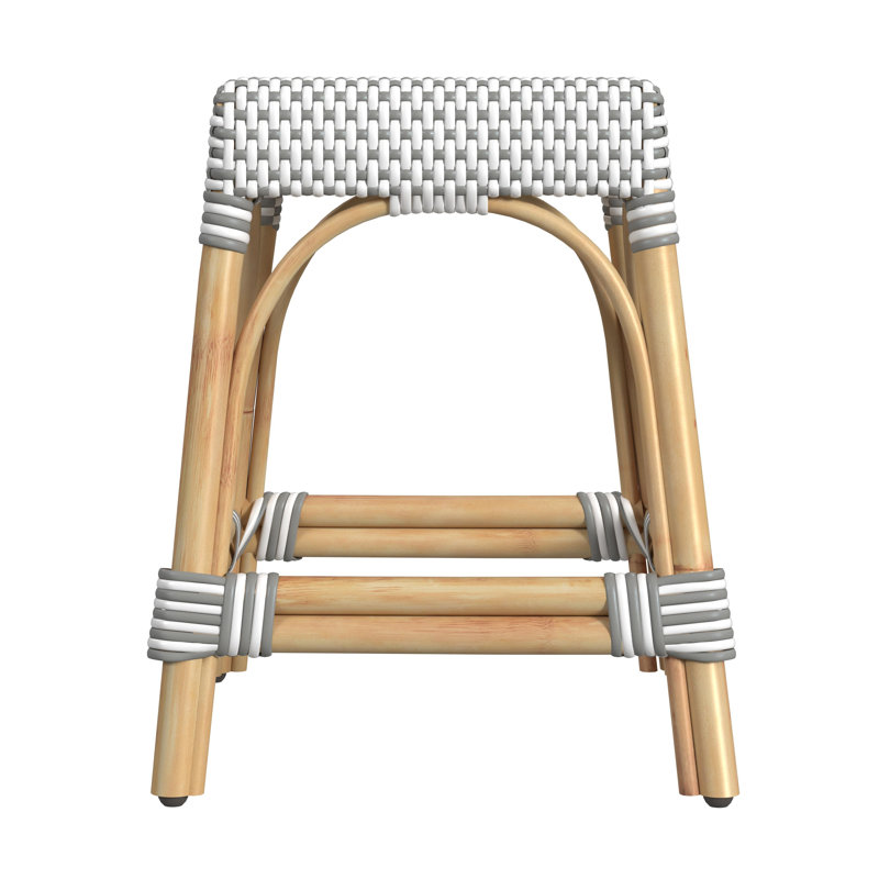 Robias Rattan 18" Dining Stool, White/Gray Dot / Natural Rattan Frame