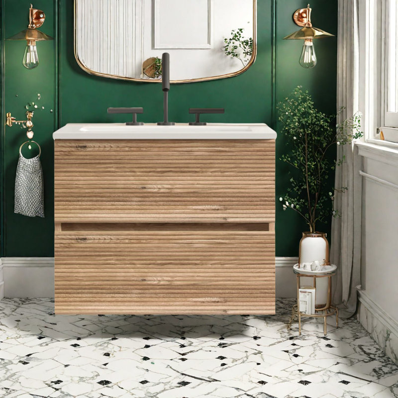 Meuble-lavabo moderne en chêne avec lavabo en céramique, solutions de rangement pour toute salle de bain