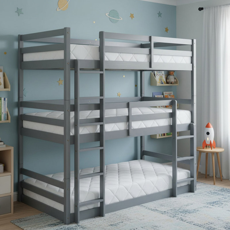 Lit superposé triple en bois massif avec échelles, lit superposé simple au-dessus d'un lit simple pour garçons et filles