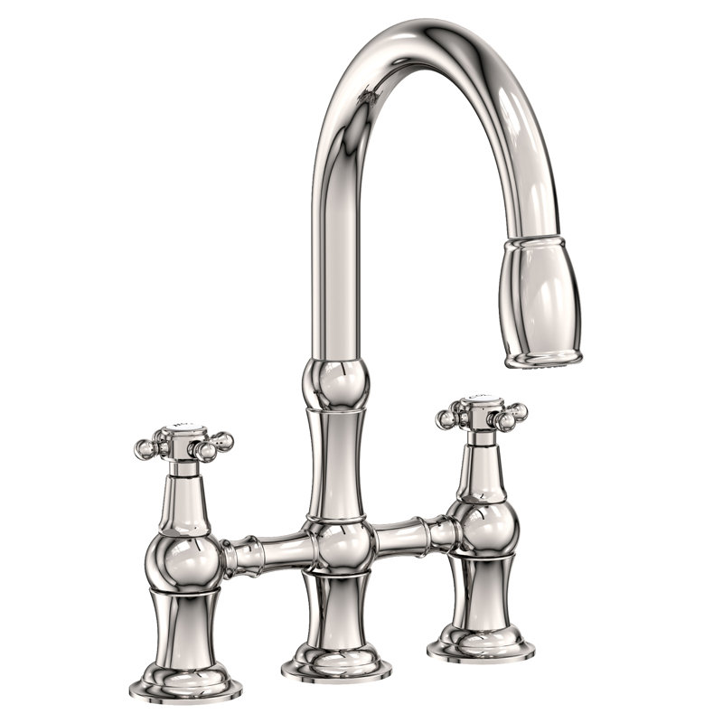 Chesterfield Pull Down Bridge Faucet, Cross Handle, Polished Nickel