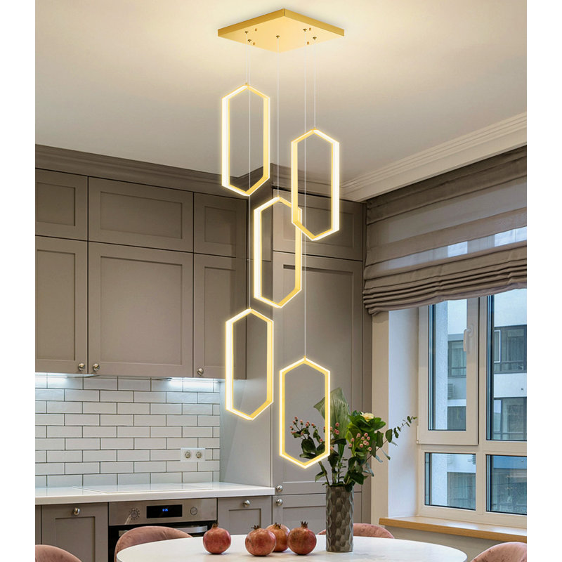 Lustre moderne DEL à 5 anneaux à intensité variable doré, Gold