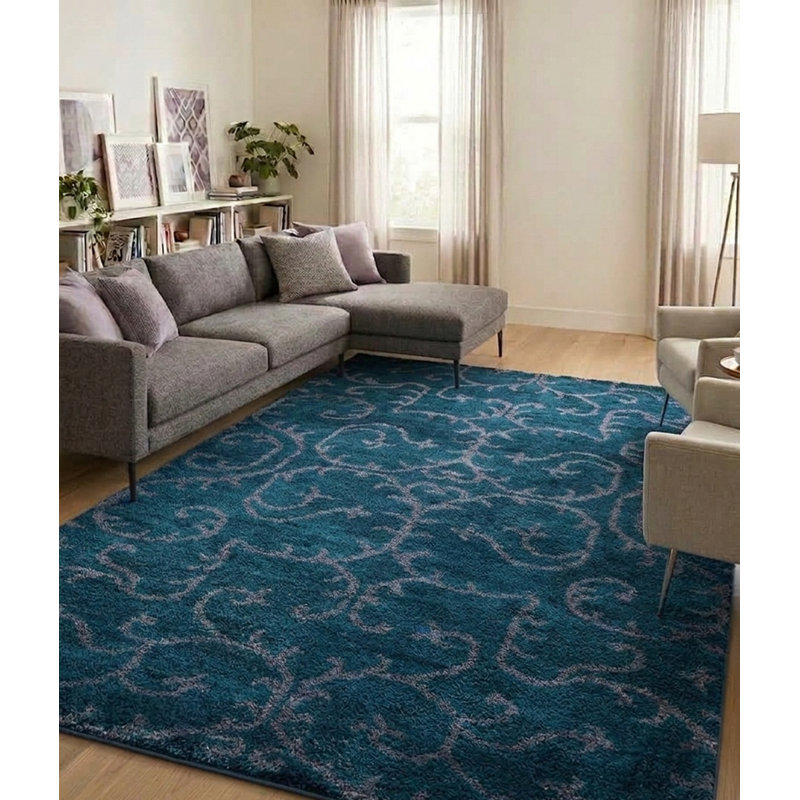Tapis d'intérieur rectangulaire contemporain en soie nouée à la main, bleu et beige, Rectangle de 5 pi x 8 pi
