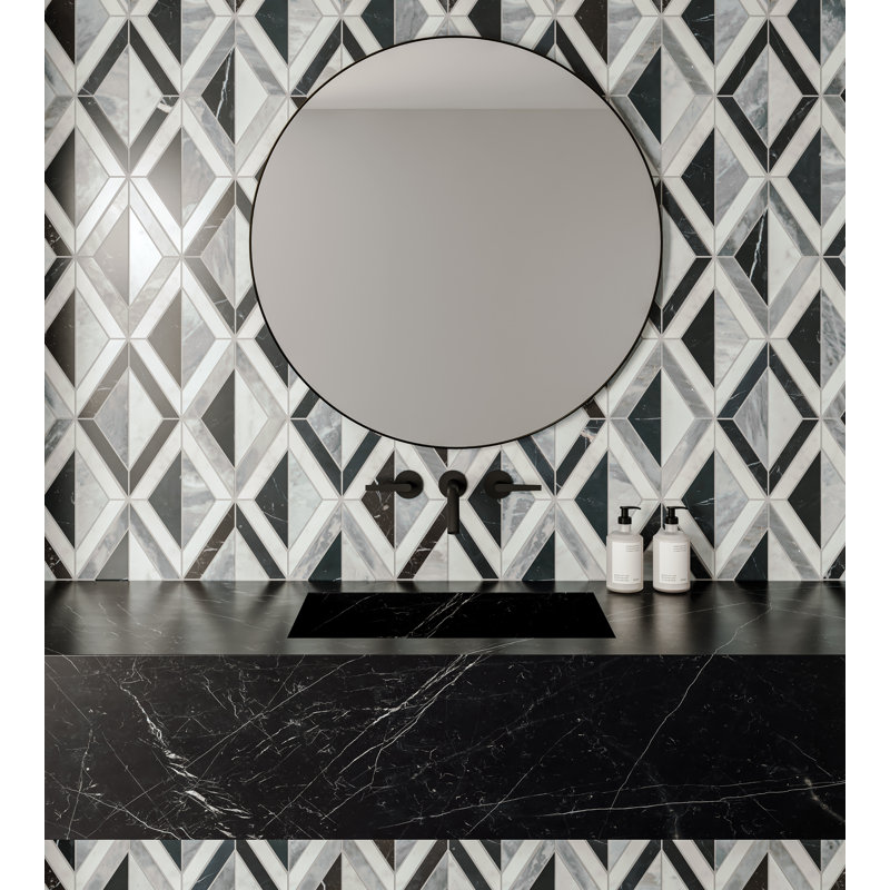 Modni Arlo Marble Mosaic Wall & Floor Tile, White Carrara/Nero Marquina/Bardiglio Nuvolato