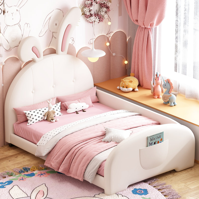 Lit plateforme simple en forme de lapin mignon avec tête de lit - forme charmante blanche et fabrication stable, Blanc